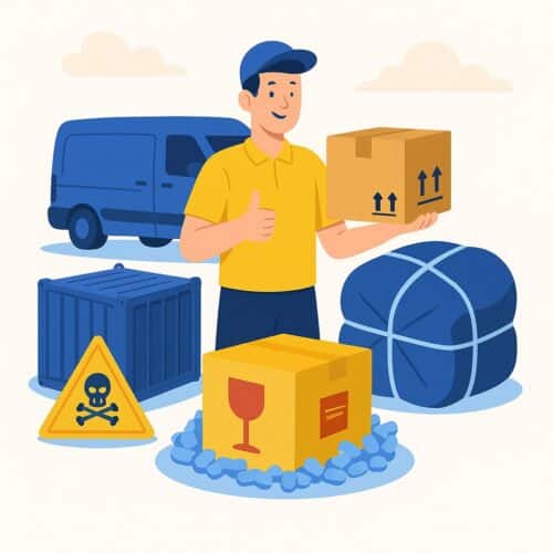 Muž s balíkom v ruke a okolo neho rôzne druhy balenia balíka